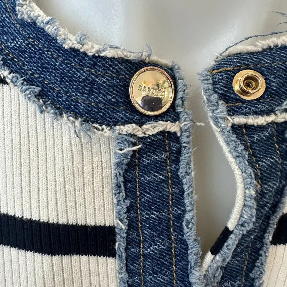 Sandro White Blue Stripe Cardigan SIZE 4  Lady Jacket Denim Preppy Designer $368